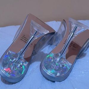 Clear Plastic Sliver metallic Flare Heeled Sandals